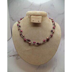 Soft Pink and Purple Beaded Triple Strand Necklace w/ Silver Magnetic Clasp 18"
